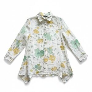 Mirror Image Womens M Sheer Linen Blend Floral Burnout High Low Green Yellow